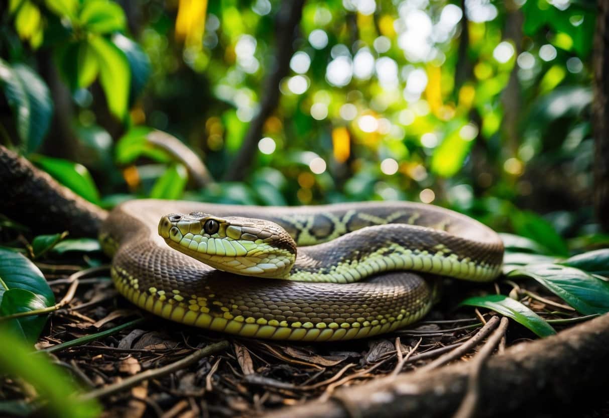 Uma cobra preguiçosa descansando em uma floresta tropical, cercada por folhagens vibrantes e luz do sol filtrando-se pelas árvores