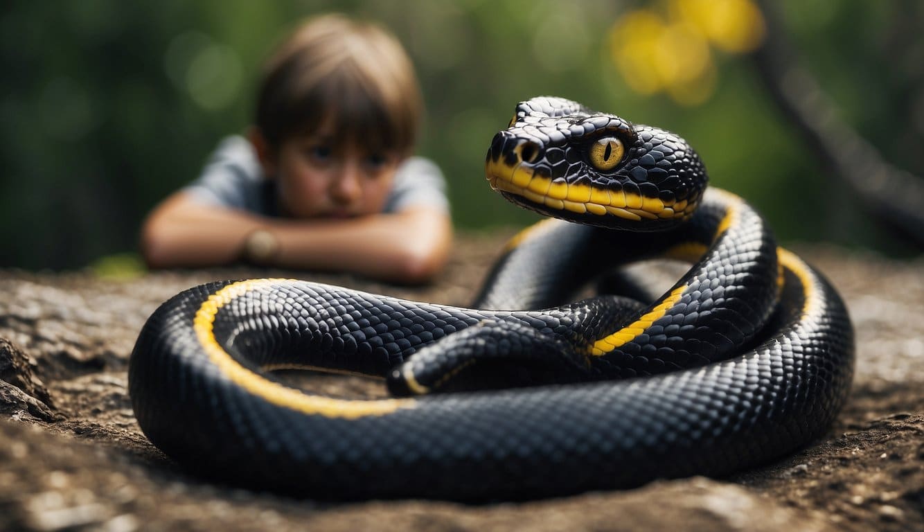 Two people observing a black snake with a yellow stripe