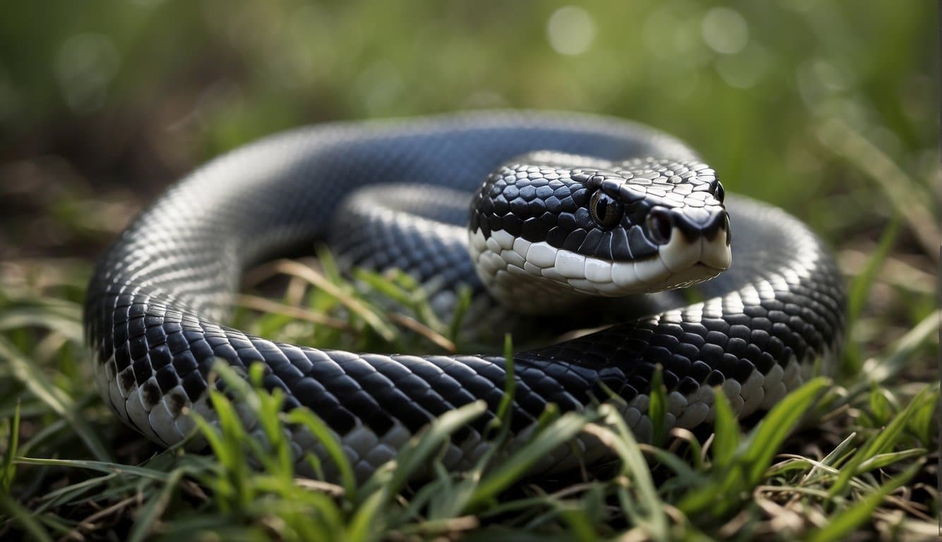 Cobra Preta E Cinza: Características E Curiosidades 4 A black and gray snake slithers through the grass, its tongue flicking out as it searches for prey