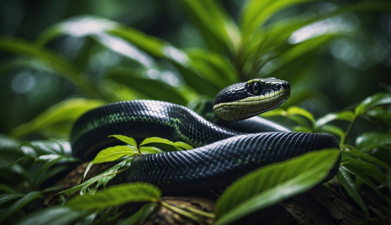A black and green snake with distinct markings slithers through lush foliage in a tropical rainforest