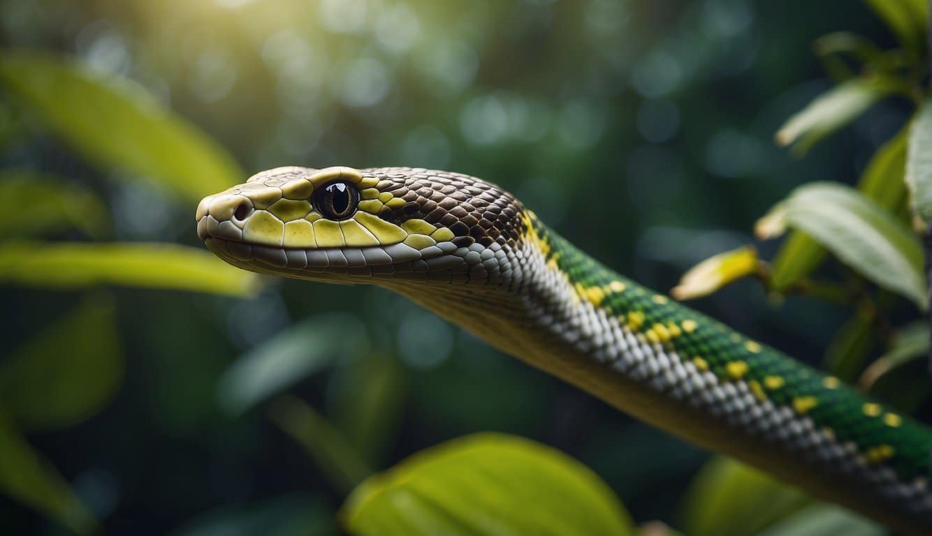 A flying snake with vibrant scales slithers through a lush jungle, its body gracefully gliding through the air as it searches for its next meal