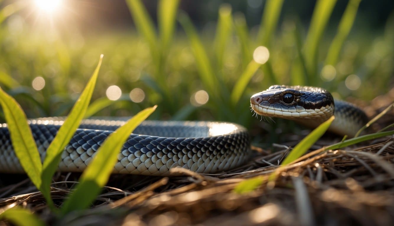 A rat snake slithers through tall grass, shedding its skin in the process. The sun shines down, illuminating the snake's scales as it moves gracefully along the ground
