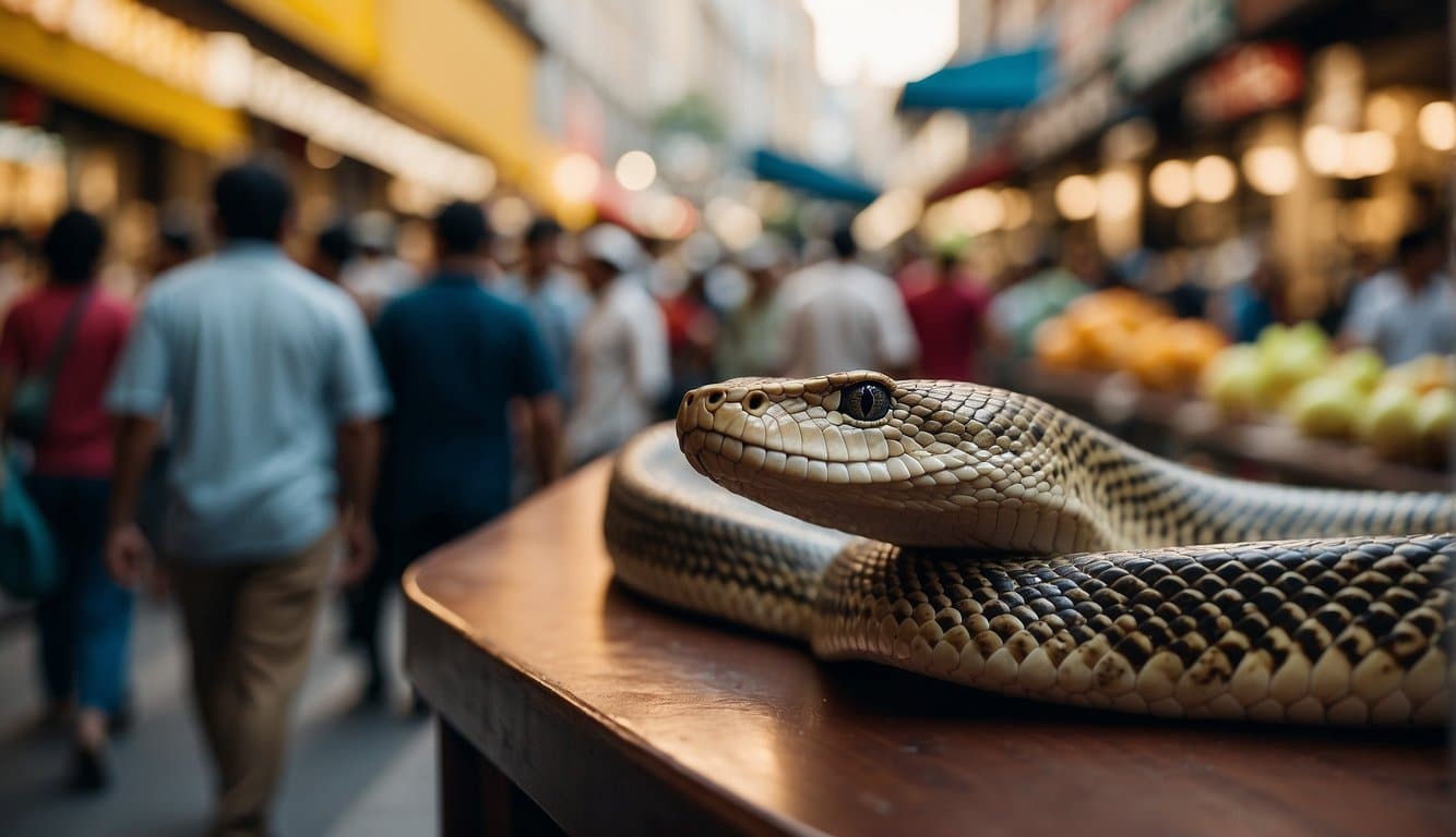 A cobra slithers through a bustling marketplace, weaving between vendors and shoppers in the midst of their daily activities