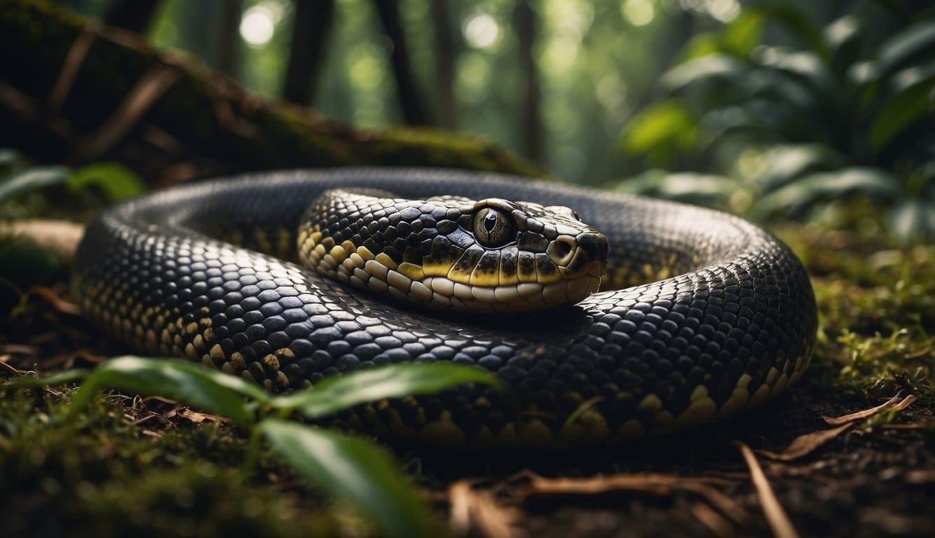 A large, non-venomous anaconda slithers through the Amazon rainforest, its sleek, dark body coiling and uncoiling as it moves gracefully across the forest floor