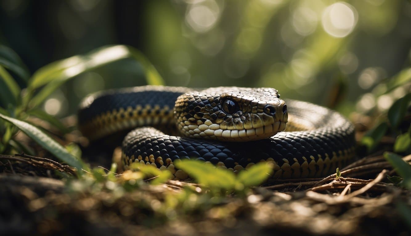 A tiger snake slithers through the dense underbrush, its scales glistening in the dappled sunlight as it hunts for its next meal