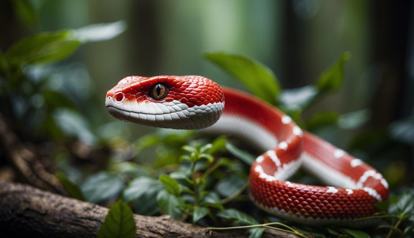 A red and white cobra slithers through the jungle, hunting for prey
