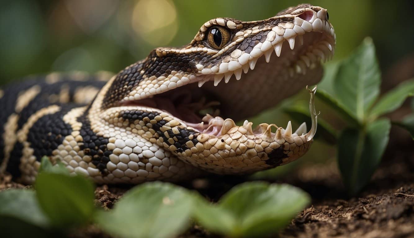 A Gaboon viper consumes its prey, a venomous snake