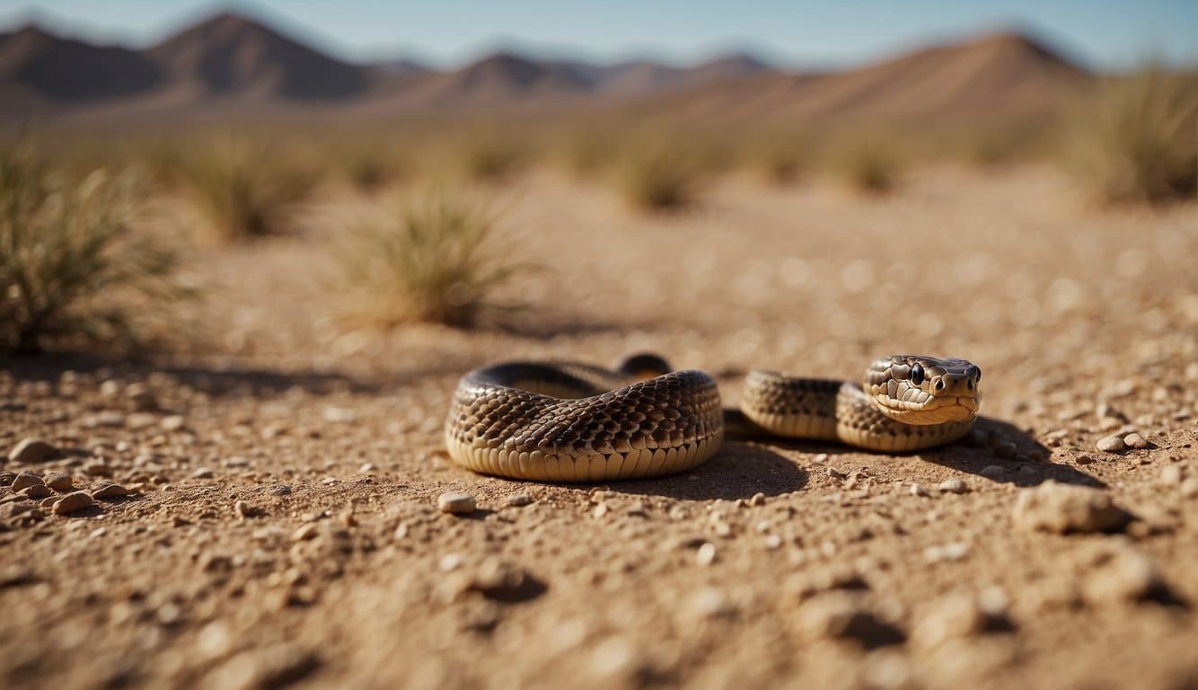 A cobra and a scorpion face off in a desert landscape, their bodies coiled and poised for attack