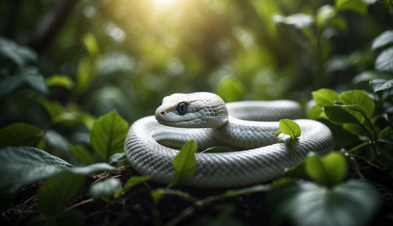 A white snake slithers through a lush jungle, its scales glistening in the sunlight. The surrounding foliage teems with life, creating a vibrant and diverse ecosystem