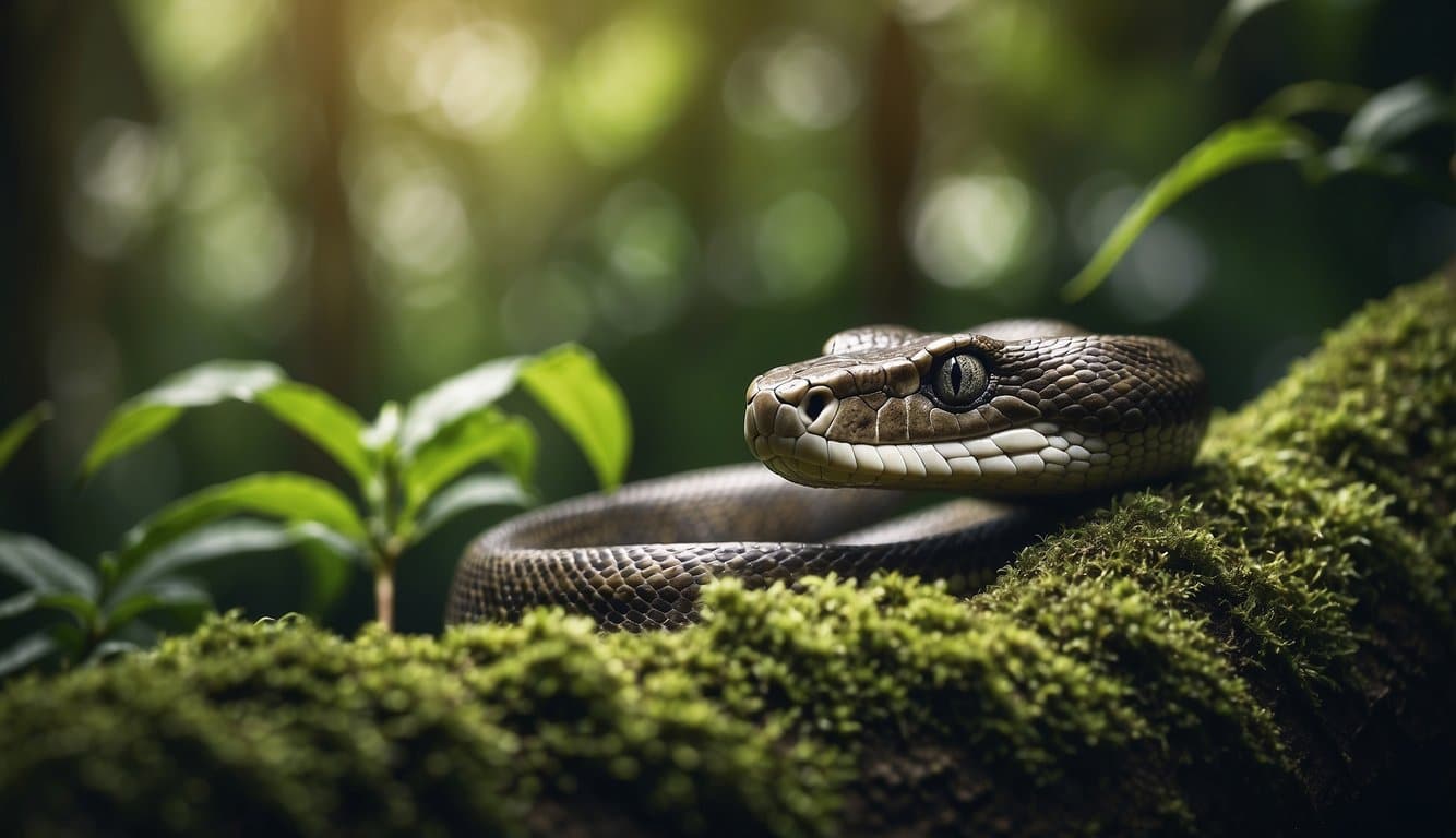 Cobras Constritoras: Características, Habitat E Comportamento 4 A constrictor snake coils around a tree branch, blending into the lush green foliage of the jungle