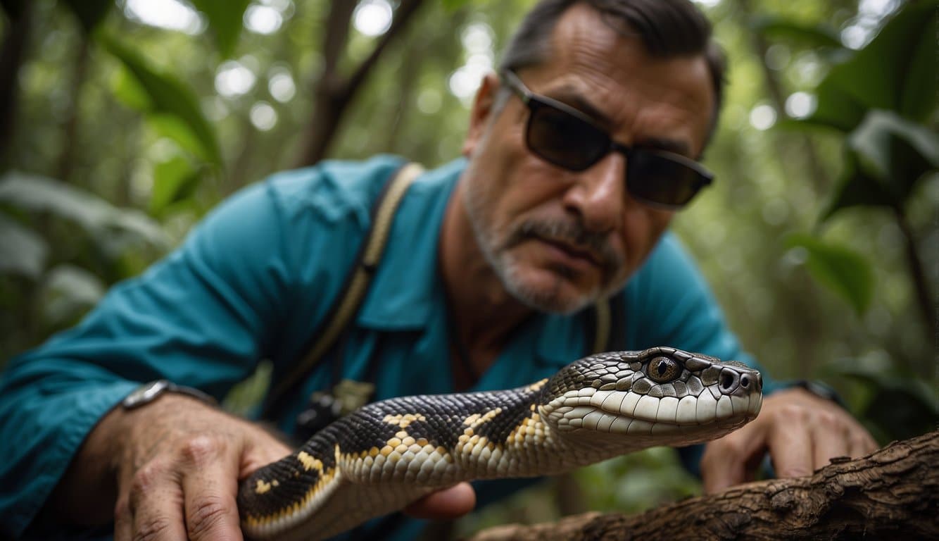 A medical professional examines a venomous snake in the Mato Grosso jungle, emphasizing prevention of accidents