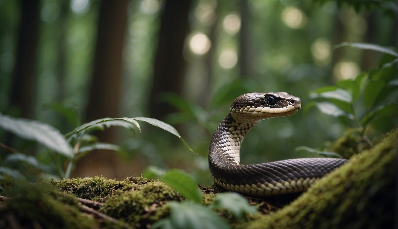 A snake slithers through a lush forest, crossing paths with a curious deer