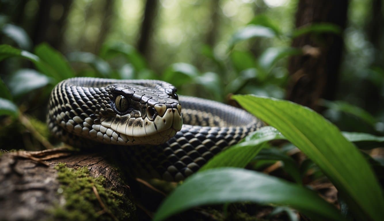 Cobras slithering through lush Brazilian rainforest, some disappearing into dense foliage