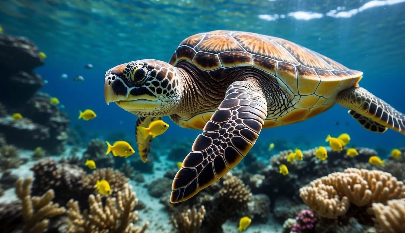 A sea turtle swimming gracefully among vibrant coral reefs, surrounded by colorful Brazilian sea snakes
