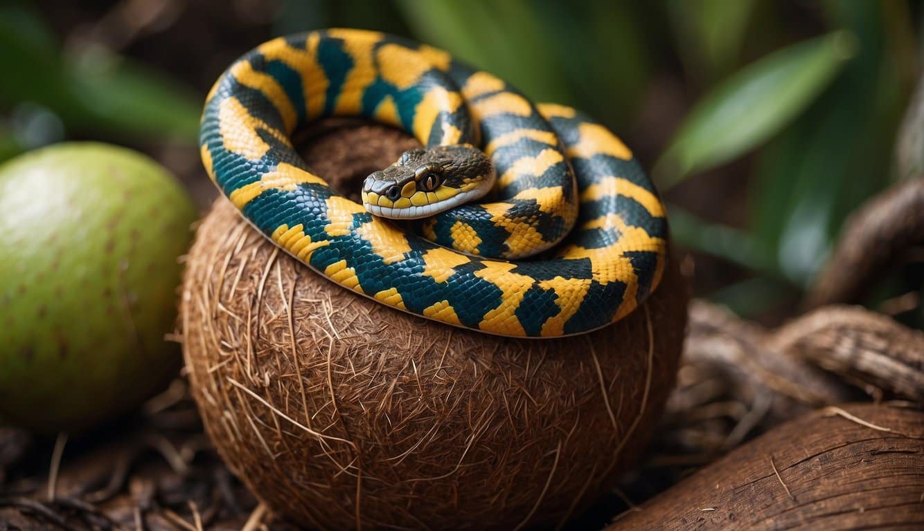 A snake coiled around a coconut, with colorful patterns and symbols representing popular culture and references
