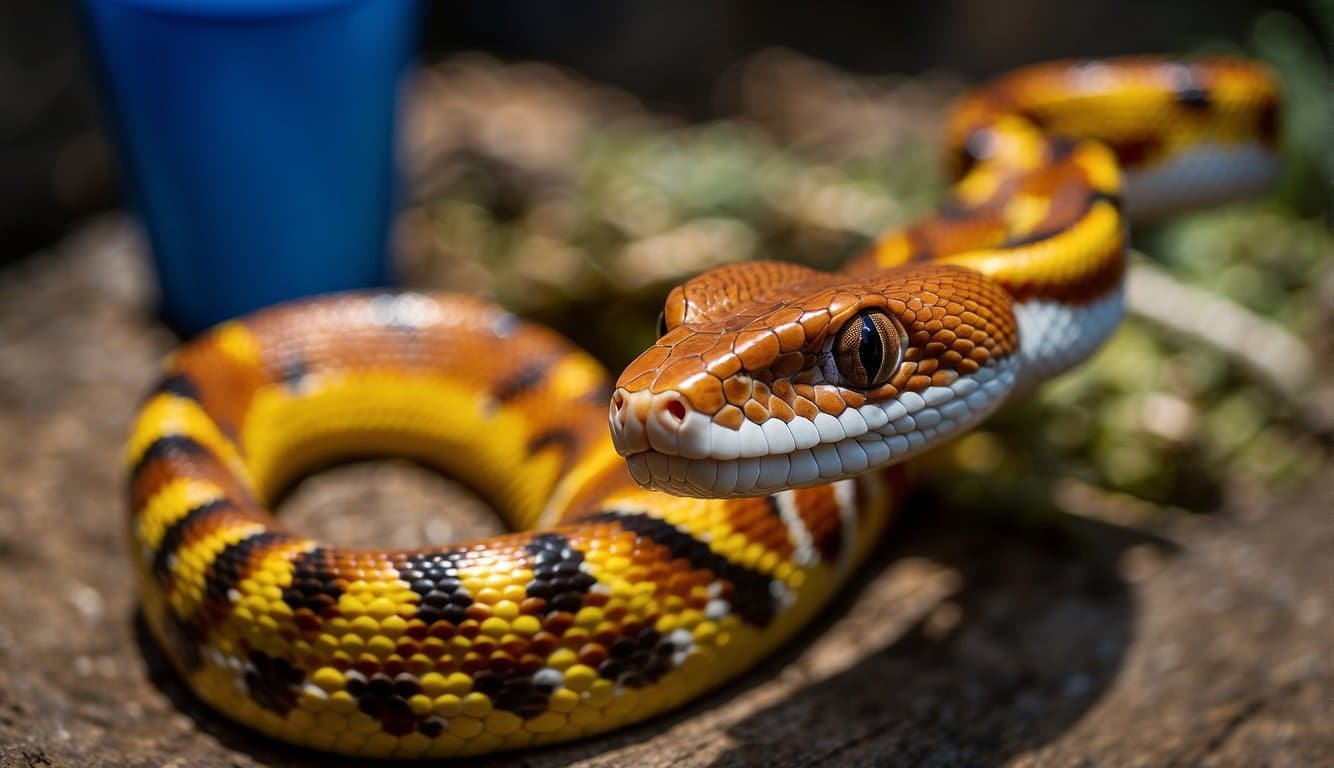 A corn snake is being purchased at a conservation event, with legal documentation and information being exchanged
