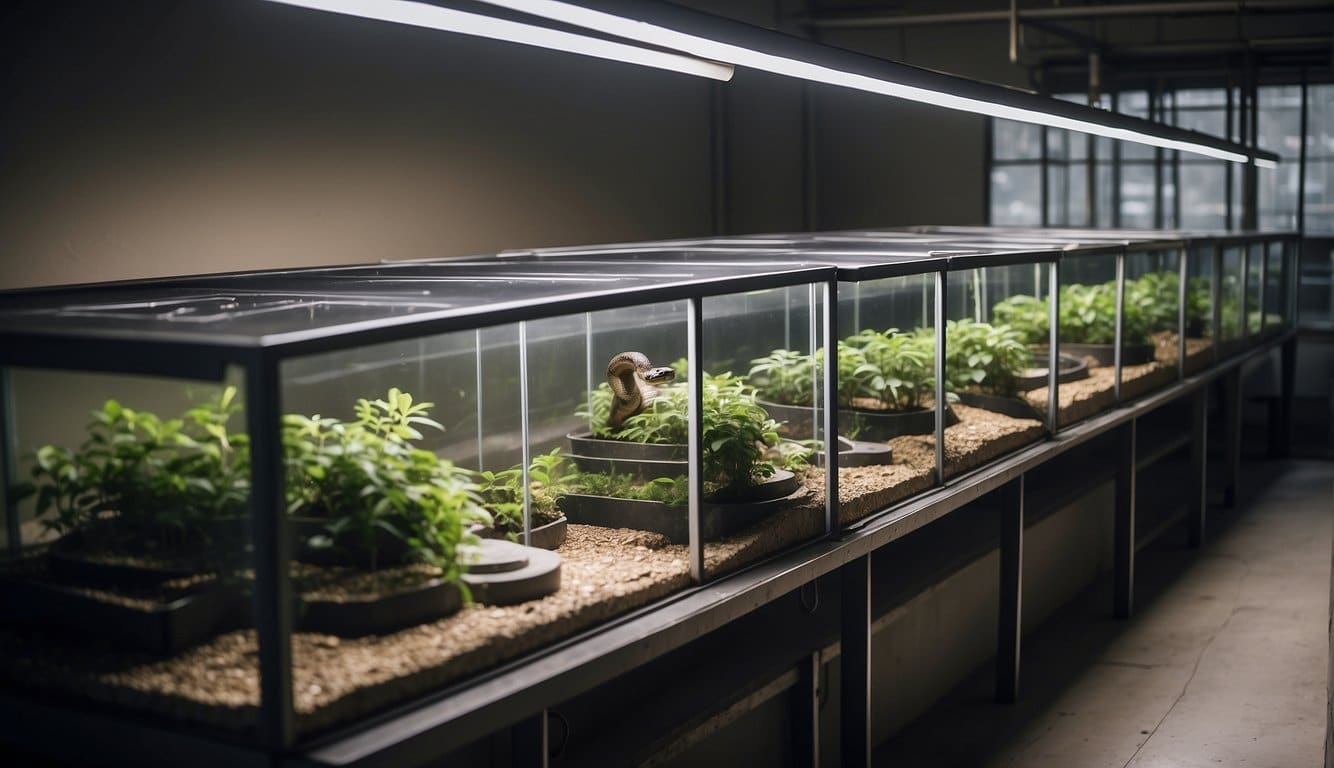 A snake breeding facility with various enclosures, heat lamps, and feeding stations