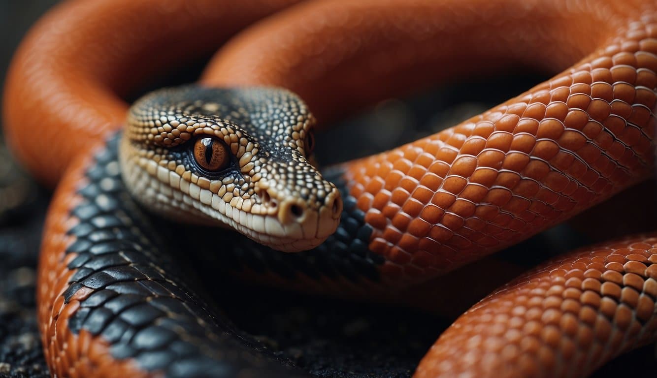 A demon cobra with vibrant coral scales intertwined with cultural symbols