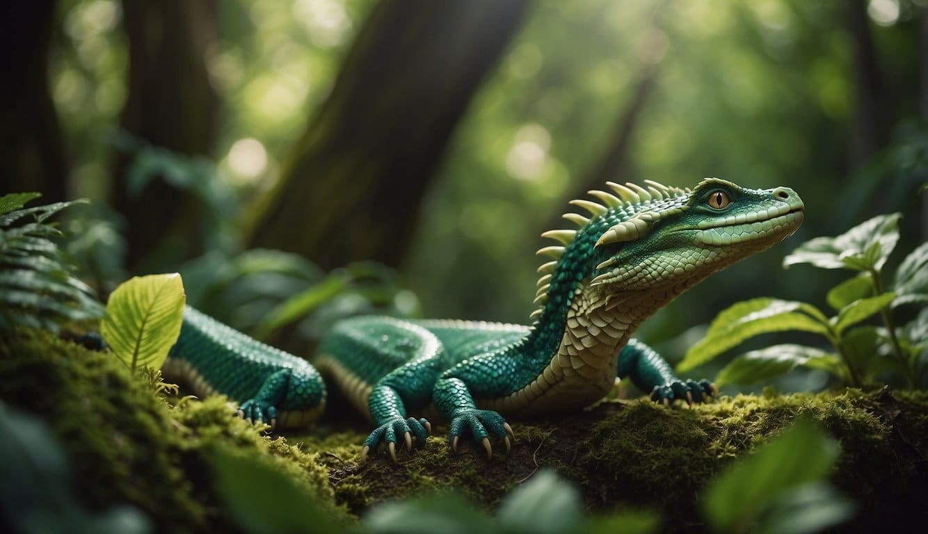 Two creatures, a dragon and a snake, interact in a lush, green forest setting, surrounded by vibrant flora and fauna