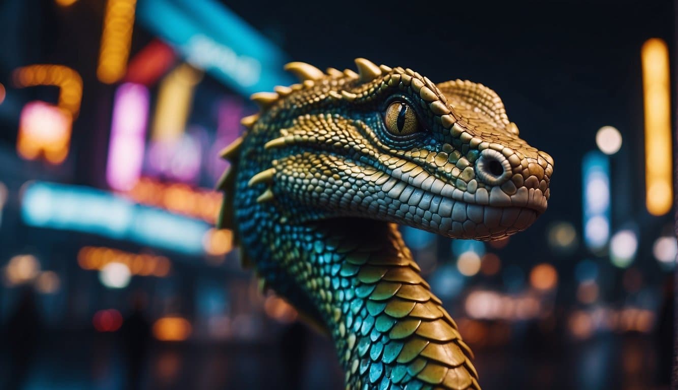 A majestic serpent dragon slithers through a bustling contemporary city, its shimmering scales reflecting the neon lights of the urban landscape