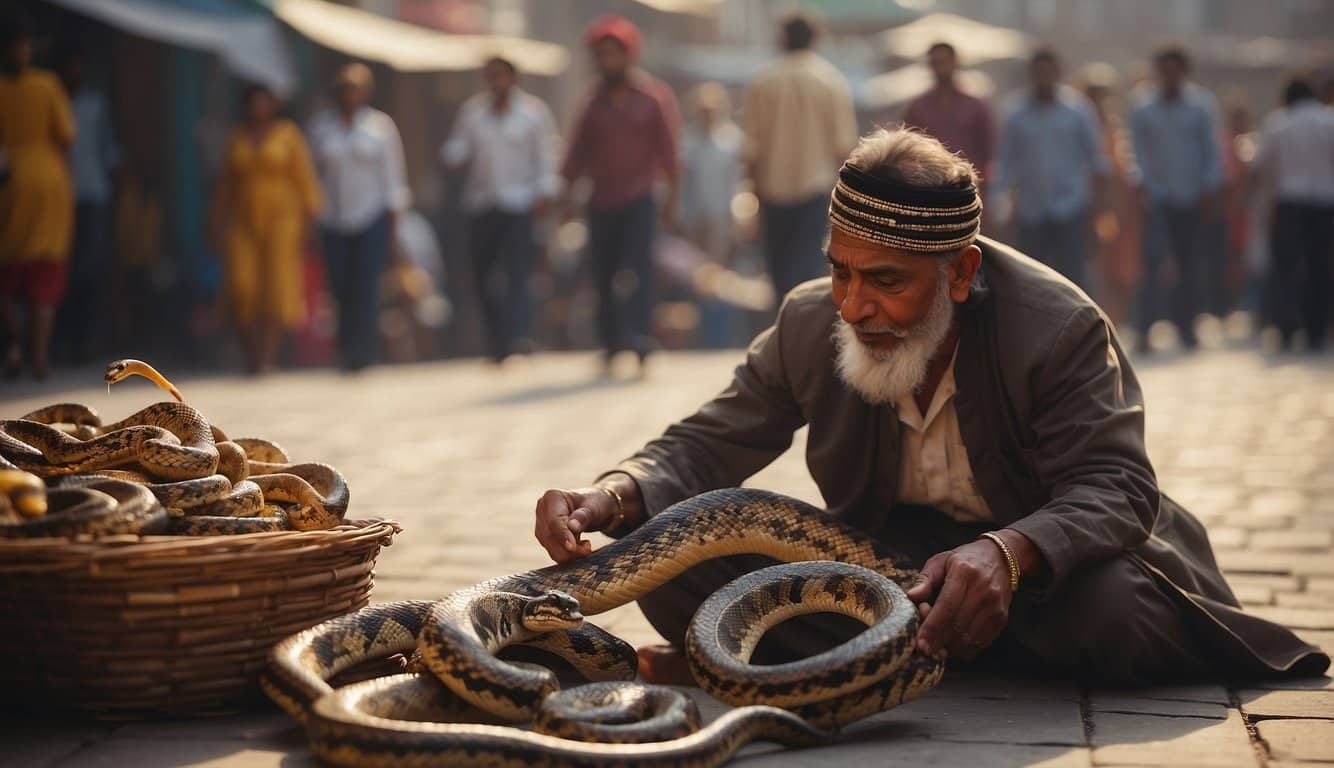 Encantador De Serpentes: O Que É E Como Funciona A Técnica Milenar De Domar Cobras 4 A snake charmer mesmerizes a cobra with rhythmic movements and enchanting music in a bustling market square