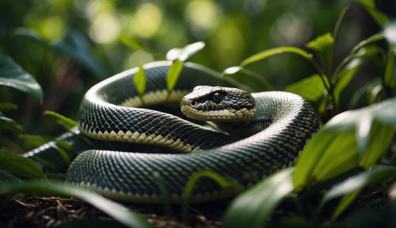 Filmes De Cobra: Os 11 Melhores Filmes Com Cobras 4 A snake slithers through a lush jungle, its scales glistening in the sunlight. The vibrant colors of the foliage contrast with the serpent's sleek body, creating a visually striking image