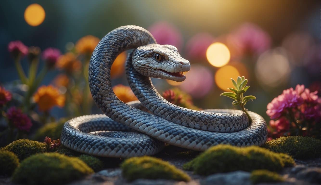 A coiled kundalini serpent rises from a vibrant cultural landscape, surrounded by symbols of spiritual practice and enlightenment