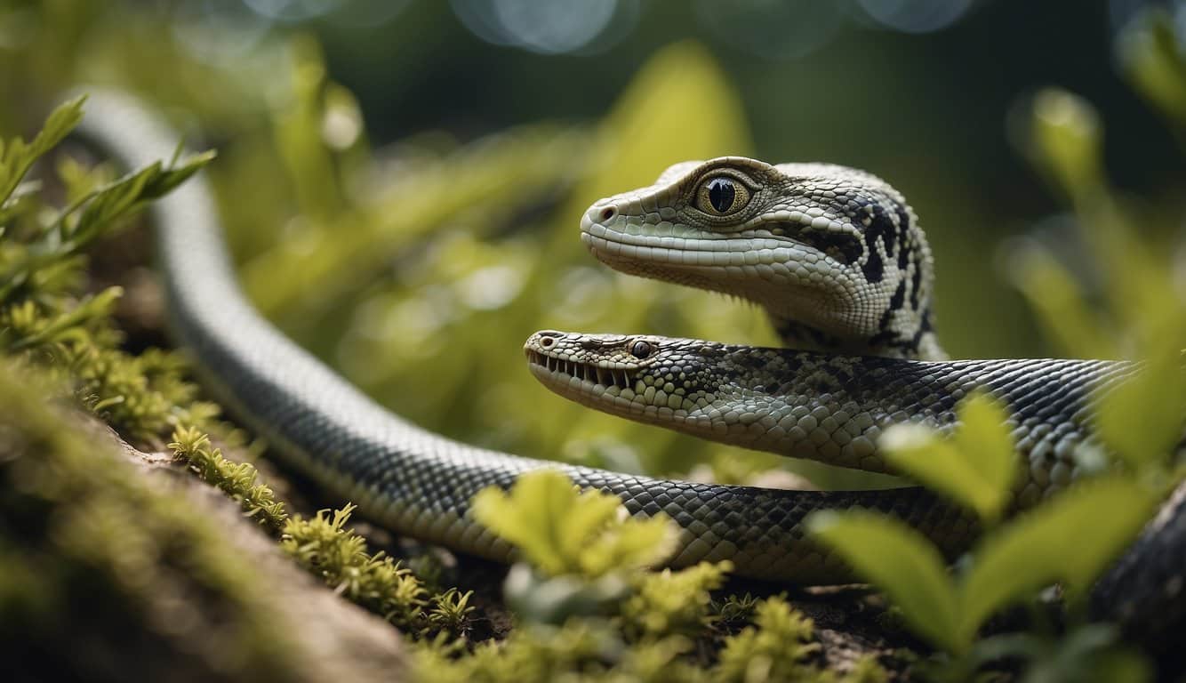A lizard and a snake interacting in a natural setting