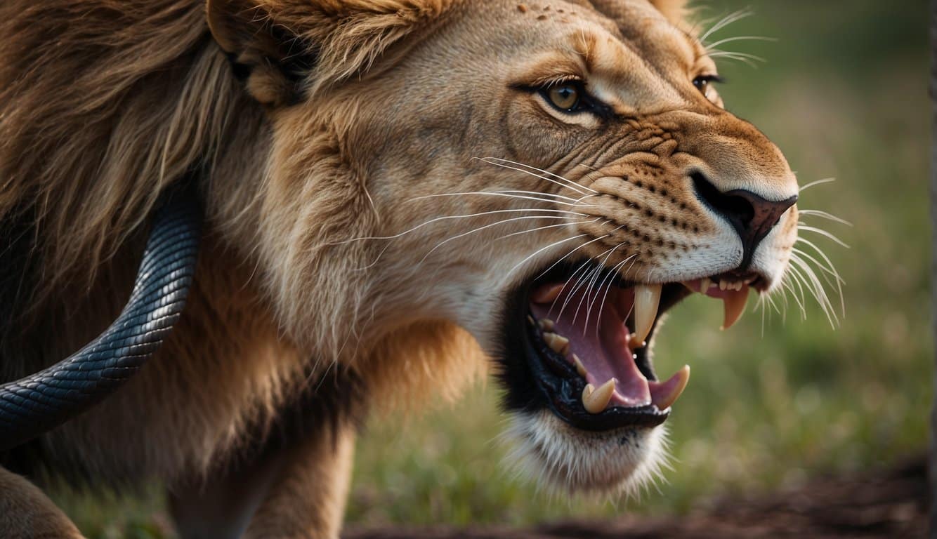 A lion aggressively consumes a snake, illustrating the threats and conservation efforts facing these animals