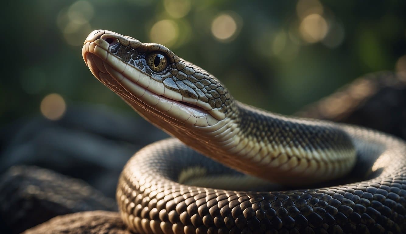 A snake's tongue flicks out, tasting the air. Surrounding it, ancient symbols and mysterious artifacts hint at the secrets of the serpent's language