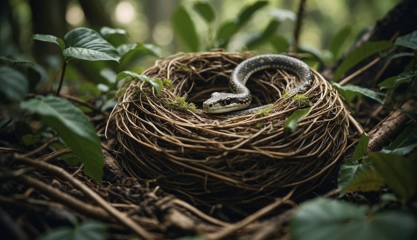 A snake's nest in a dense jungle, with twisted vines and fallen leaves surrounding it. The nest is made of intertwined branches and leaves, hidden among the undergrowth