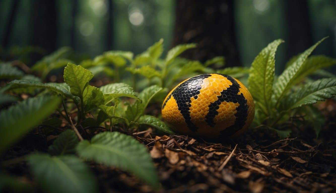 A venomous snake's egg surrounded by vibrant foliage and hidden within a dark, damp forest floor