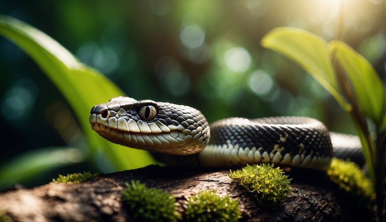 Para Que Serve O Veneno Da Cobra: Descubra Seus Usos E Benefícios 4 A snake slithers through a lush jungle, its scales glistening in the sunlight. It coils around a tree branch, ready to strike, showcasing its venomous capabilities for survival