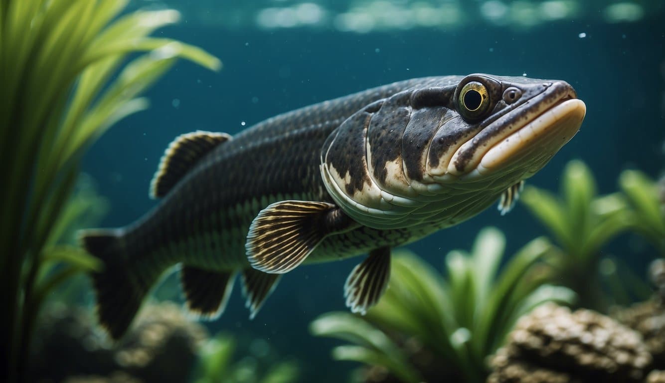 A snakehead fish swimming in a lush, green underwater habitat, surrounded by various aquatic plants and small fish