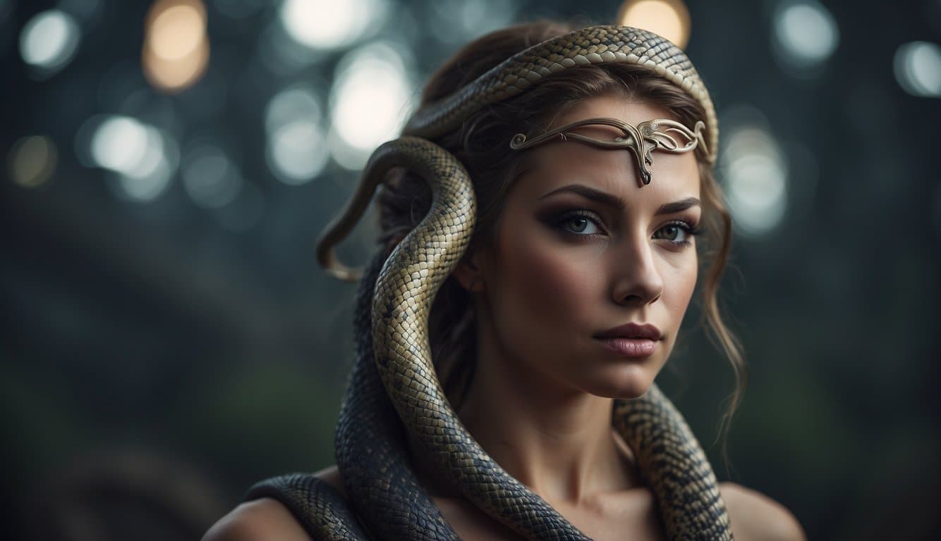 A mythical figure with snakes for hair stands tall, gazing out with a stoic expression