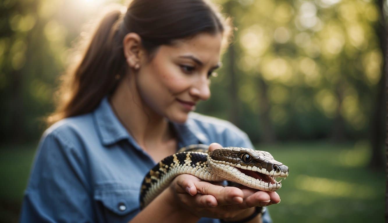 A snake being studied and handled by researchers for human interaction study