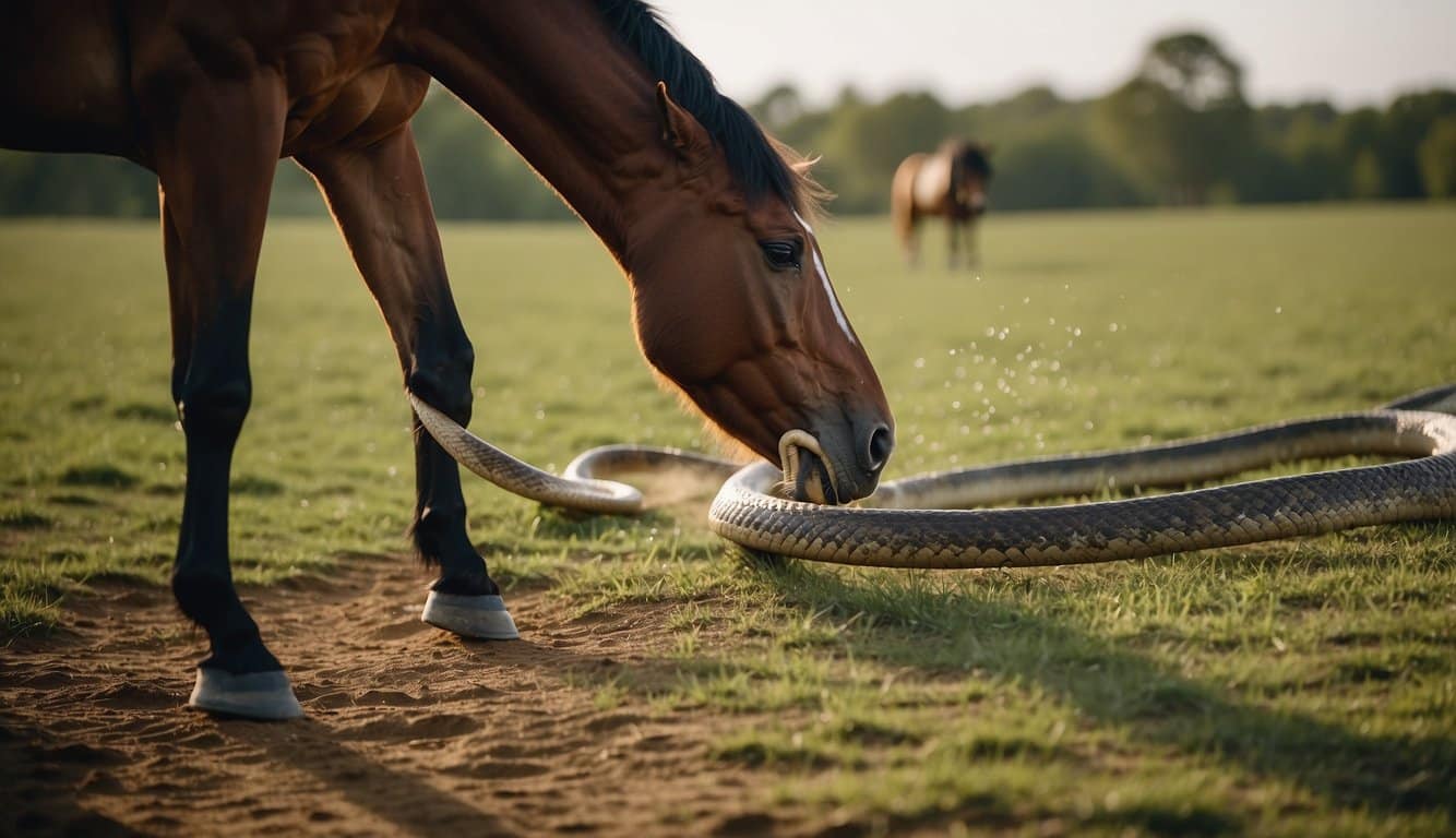 Picada De Cobra Em Cavalo: Sintomas, Tratamento E Prevenção 4 A horse recoils in pain after being bitten by a snake, with onlookers expressing concern and fear