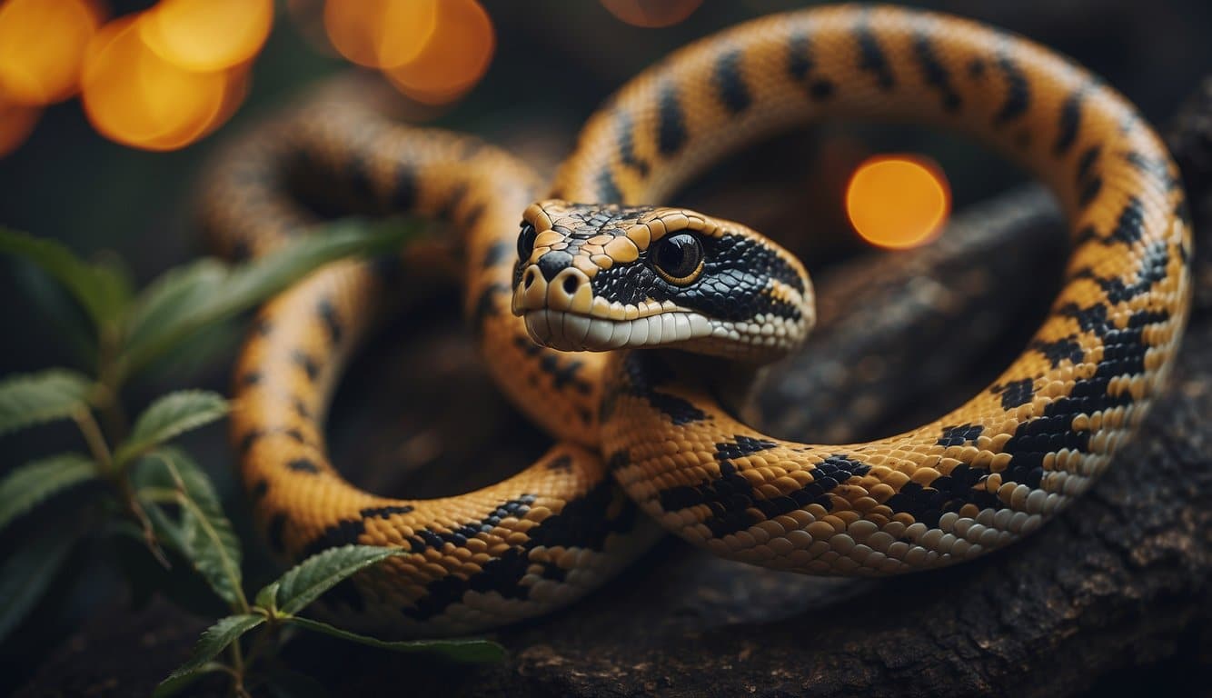 A magical scene with a pomba gira and a snake intertwined in a mystical dance of power and knowledge