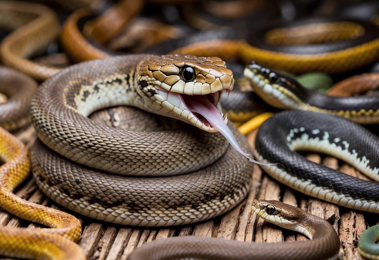 Uma cobra enrolando seu corpo, boca aberta, língua saindo enquanto respira, cercada por várias espécies de cobras com diferentes padrões de respiração.
