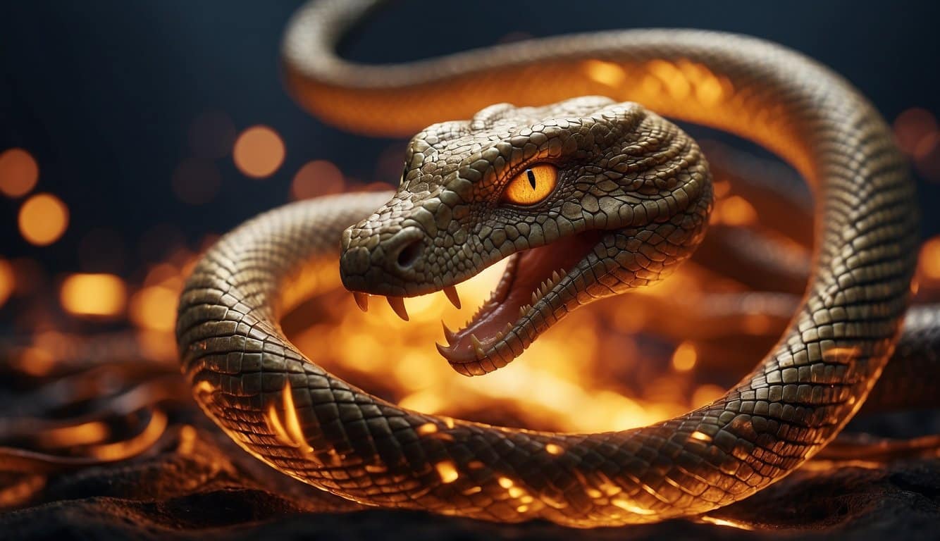 A fiery serpent weaving through modern symbols and technology