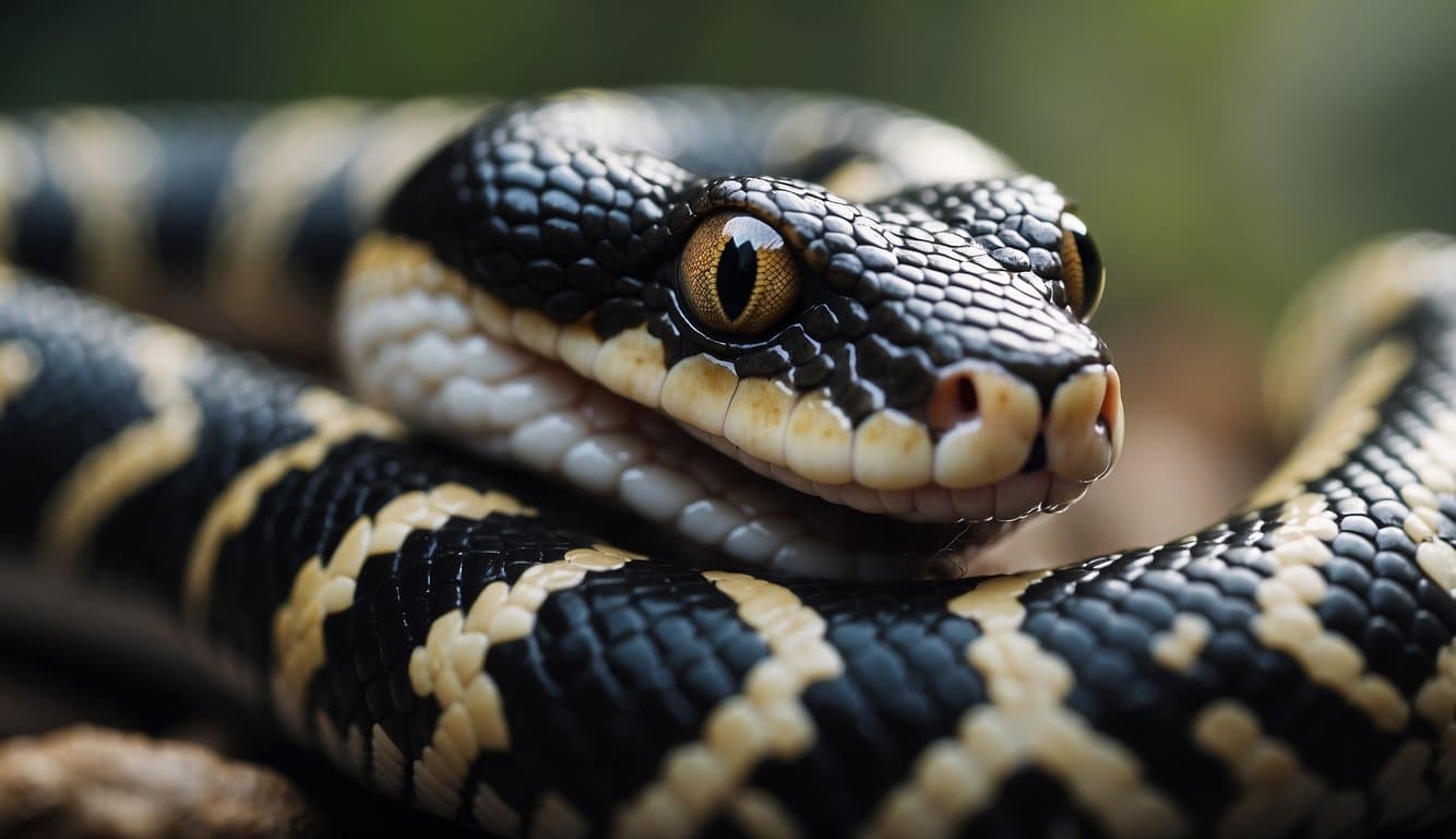 A cat-eyed ringed snake slithers, ready to strike, its venomous nature evident