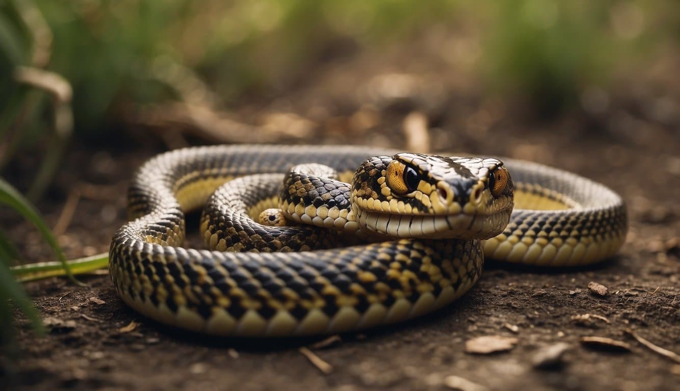A venomous snake coiled next to a freshly caught prey, ready to strike