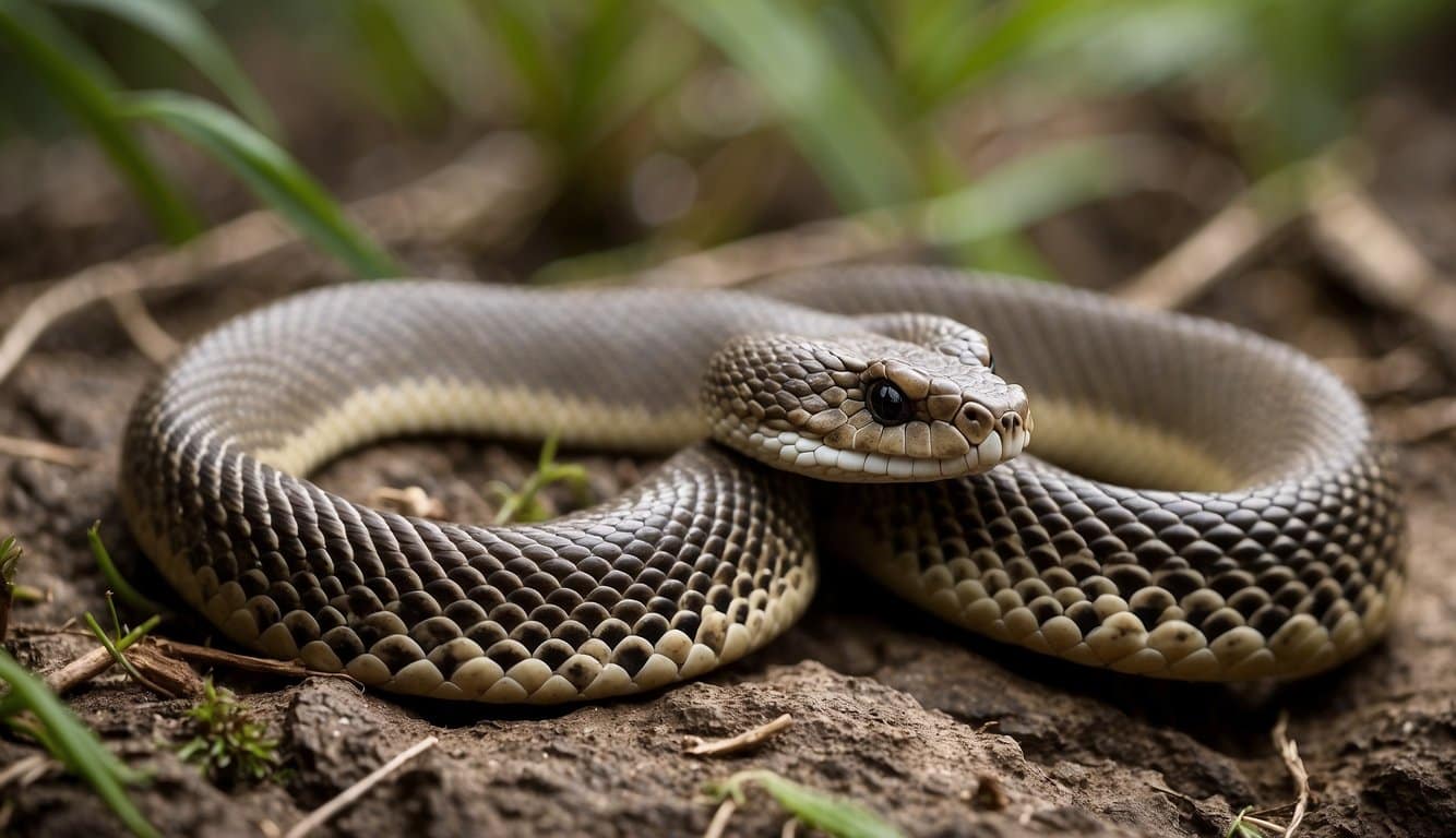 A rattlesnake slithers through a lush, rocky habitat, coiled and ready to strike. Its distinctive diamond-shaped pattern and menacing rattle are on full display
