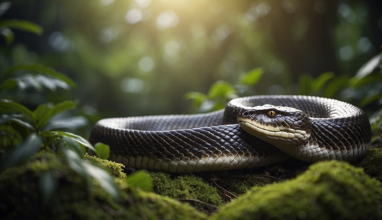 Titanoboa Cobra: A Cobra Pré-Histórica Gigante Com Veneno Mortal 4 A giant titanoboa cobra slithers through a lush prehistoric jungle, its massive body coiled and ready to strike