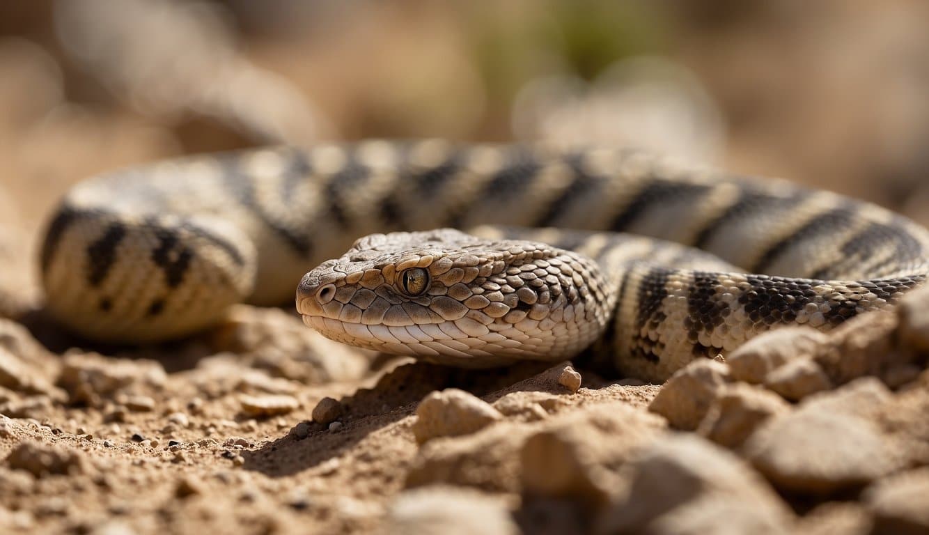 A horned viper slithers through a rocky desert terrain, blending into the sandy ground with its camouflaged scales. Its distinctive horn-like protrusions and triangular head mark it as a venomous predator