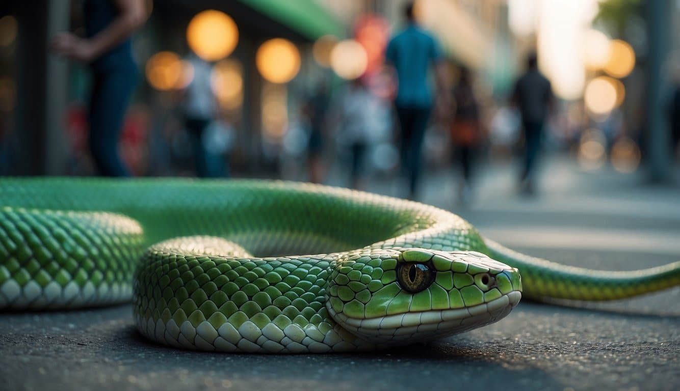 A green snake slithers through a human intersection