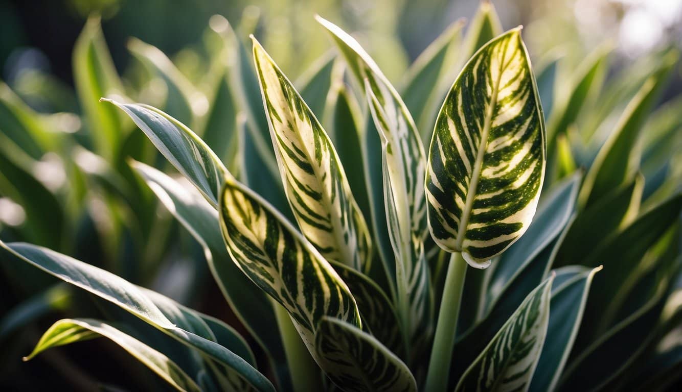 A close-up of a variegated snake plant, showcasing its unique patterned leaves and the need for special care
