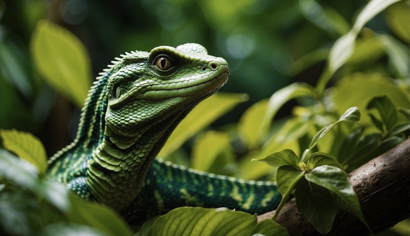 A basilisk snake slithers through a lush jungle, blending into the vibrant green foliage with its scales shimmering in the sunlight