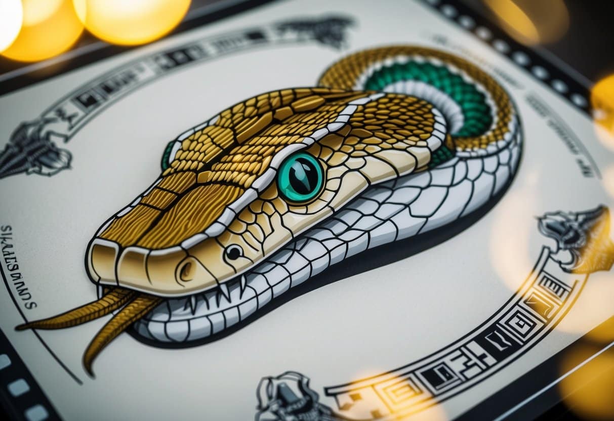Uma ilustração detalhada da cabeça de uma cobra, retratando sua anatomia e características únicas, cercada por elementos simbólicos