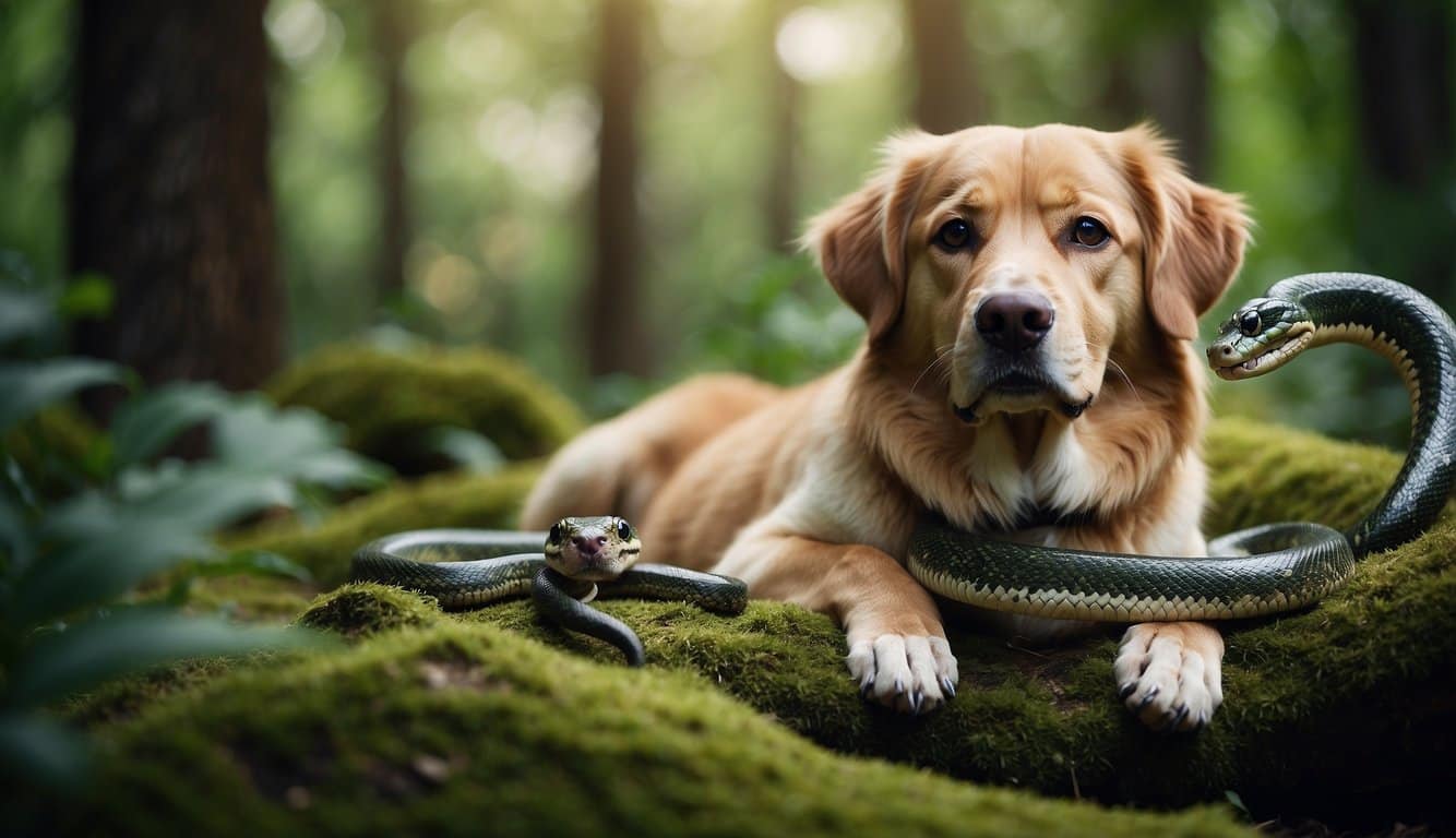 A dog and a snake coexist peacefully in a lush green forest